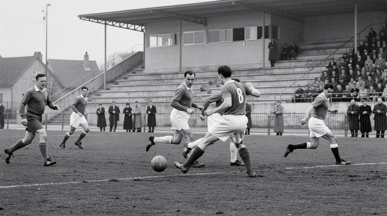 Die historische Schwarz-Weiß-Aufnahme zeigt ein Fußballspiel aus den 1950er Jahren, in dem Spieler in kurzen Hosen auf dem Platz stehen. Die Szene vermittelt die Atmosphäre eines WM-Qualifikationsspiels, möglicherweise zwischen Deutschland und Nordirland, mit Zuschauern im Hintergrund und einem Ball, der im Spiel ist.