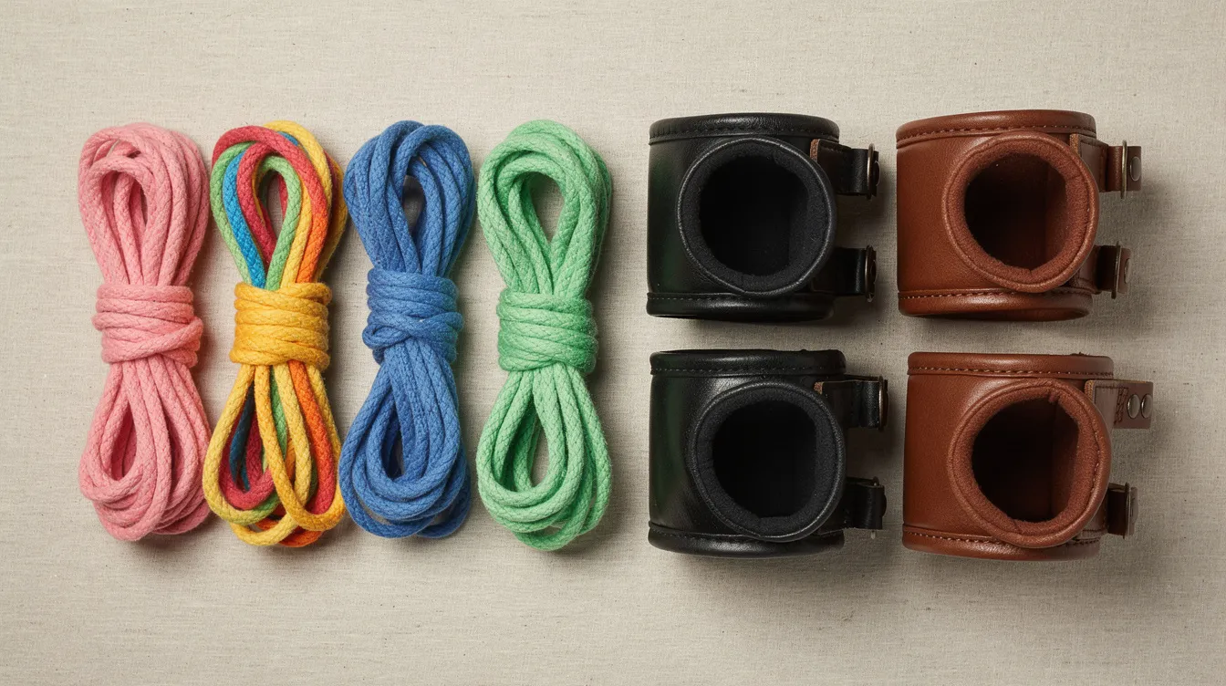 Safe and Fun Bondage Practices for Consenting Adults 3 - Consent Culture The image features an assortment of colorful soft cotton ropes and padded leather cuffs, artfully arranged on a neutral fabric background, suggesting elements of safe and fun bondage practices for consenting adults. This visually appealing setup highlights the importance of communication and enthusiastic consent in BDSM scenes.