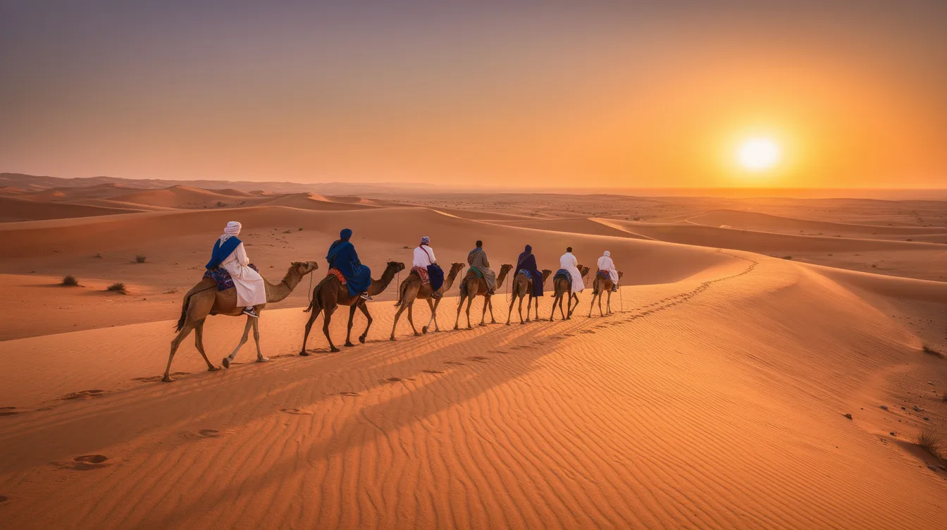 A camel caravan traverses the golden sand dunes of the Moroccan Sahara at sunset, creating a stunning silhouette against the vibrant sky. This breathtaking scene captures the essence of Sahara desert tours, showcasing the beauty of the dunes and the tranquil atmosphere of the desert landscape.