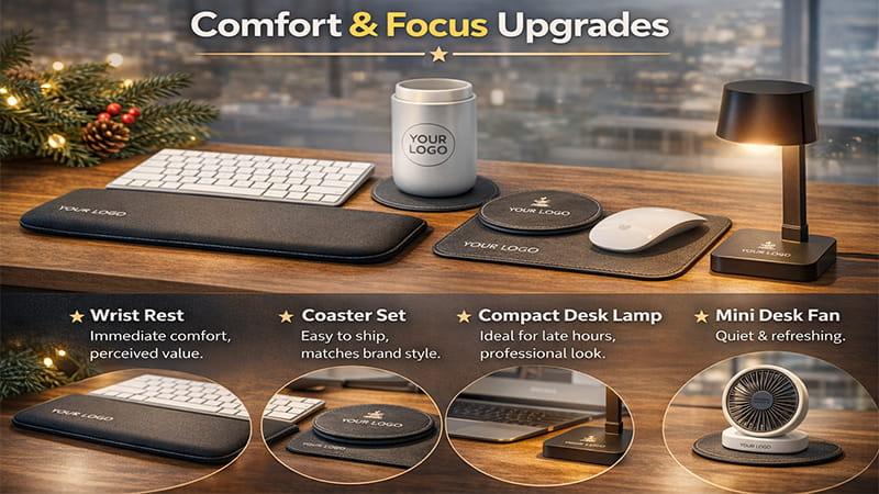 Desk comfort gifts: wrist rest, coaster set, compact desk lamp, mini desk fan.