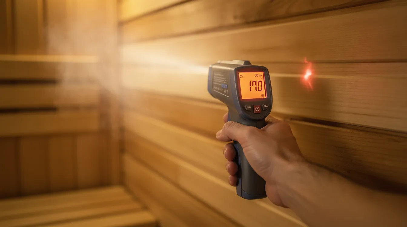 A person is using an infrared thermometer to measure the temperature of sauna walls, ensuring optimal heat retention and efficiency in the sauna's insulation. This process helps sauna owners assess the effectiveness of their insulation materials and minimize heat loss for a properly insulated sauna.
