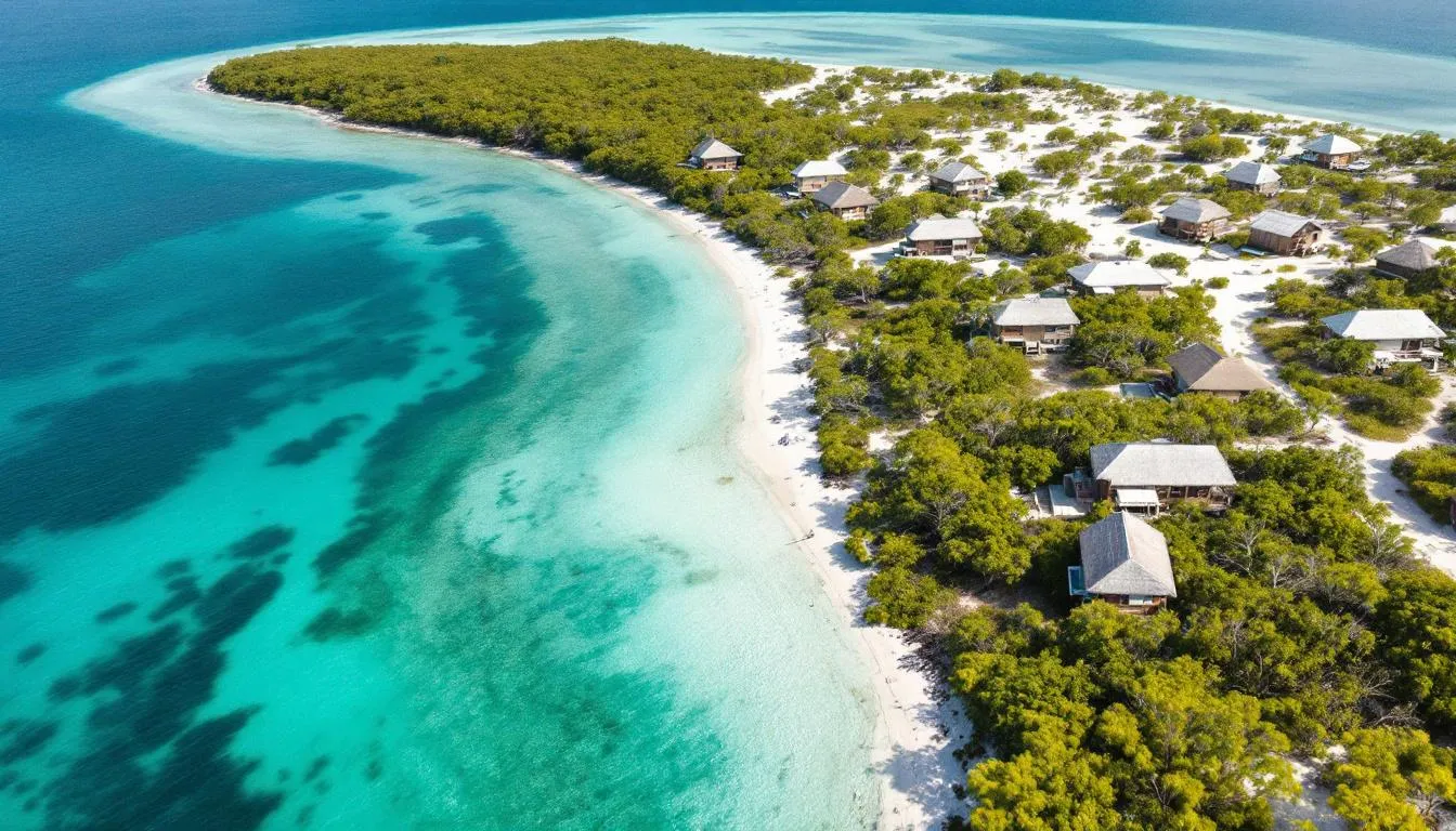 An aerial view of Pine Island showcases its pristine waters and lush mangroves, dotted with charming homes that blend harmoniously into the natural landscape, highlighting this small town's appeal for nature lovers and potential buyers in the Florida real estate market. The scene captures the essence of island paradise, perfect for those searching for homes for sale in this tranquil setting.