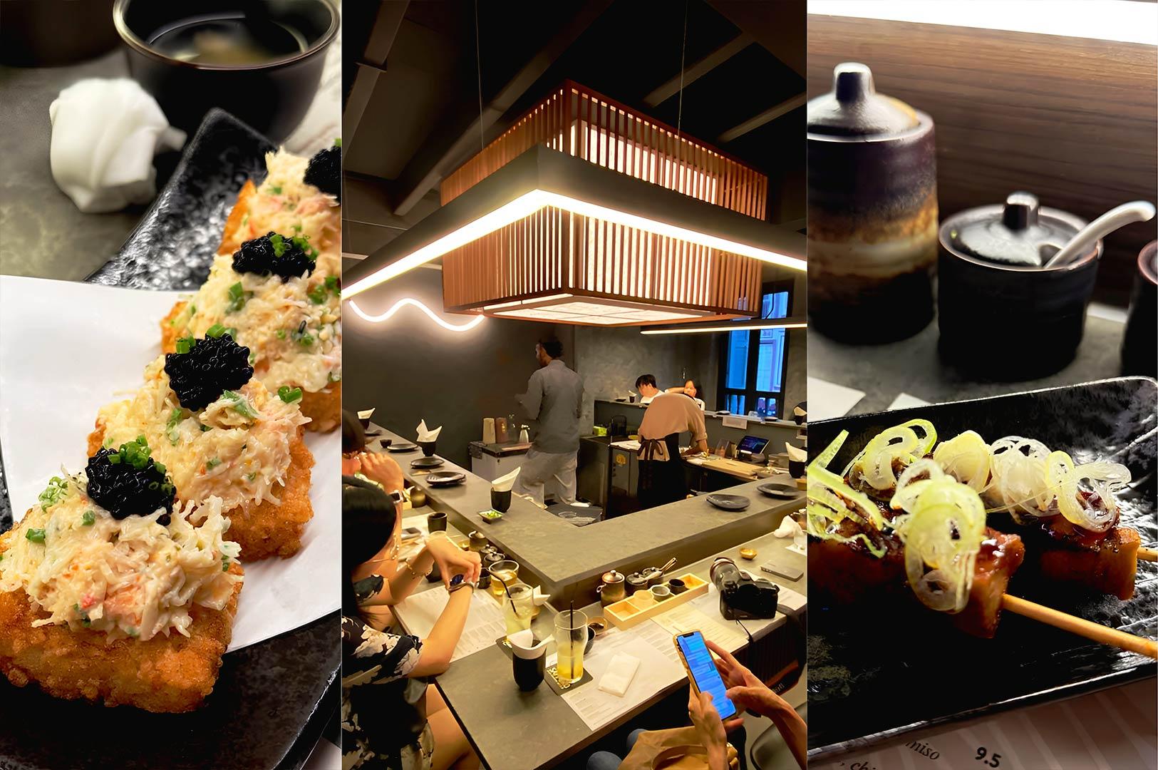 Japanese izakaya appetizers with skewers and chef counter dining experience in cozy restaurant