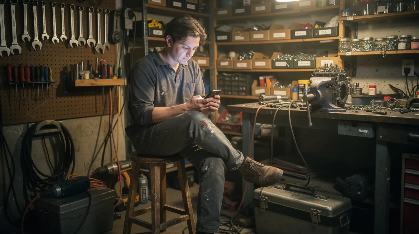 8cf71bd4 e821 47cd b241 ef2357a13e78 The image depicts a person sitting in a small workshop surrounded by various tools and equipment, actively using a smartphone to manage their loan application through a digital portal. This setting illustrates the integration of technology in accessing government schemes and financial assistance for eligible borrowers.