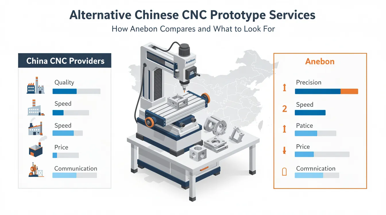 The image depicts a comparison chart illustrating various aspects of alternative Chinese CNC prototype services, highlighting precision CNC machining, rapid prototyping, and cost efficiency. It emphasizes the importance of strict quality control and advanced equipment in providing high-quality parts for consumer electronics and industrial equipment.
