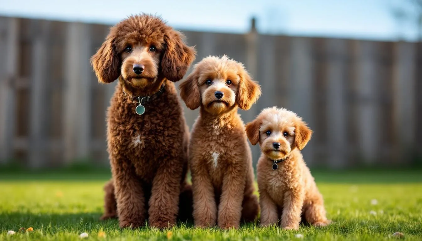 A healthy family of poodles, including standard, miniature, and toy varieties, is gathered in a clean outdoor setting, showcasing their playful and affectionate nature. This scene highlights the importance of responsible breeding and the joy of dog lovers who appreciate the unique traits of each poodle breed.