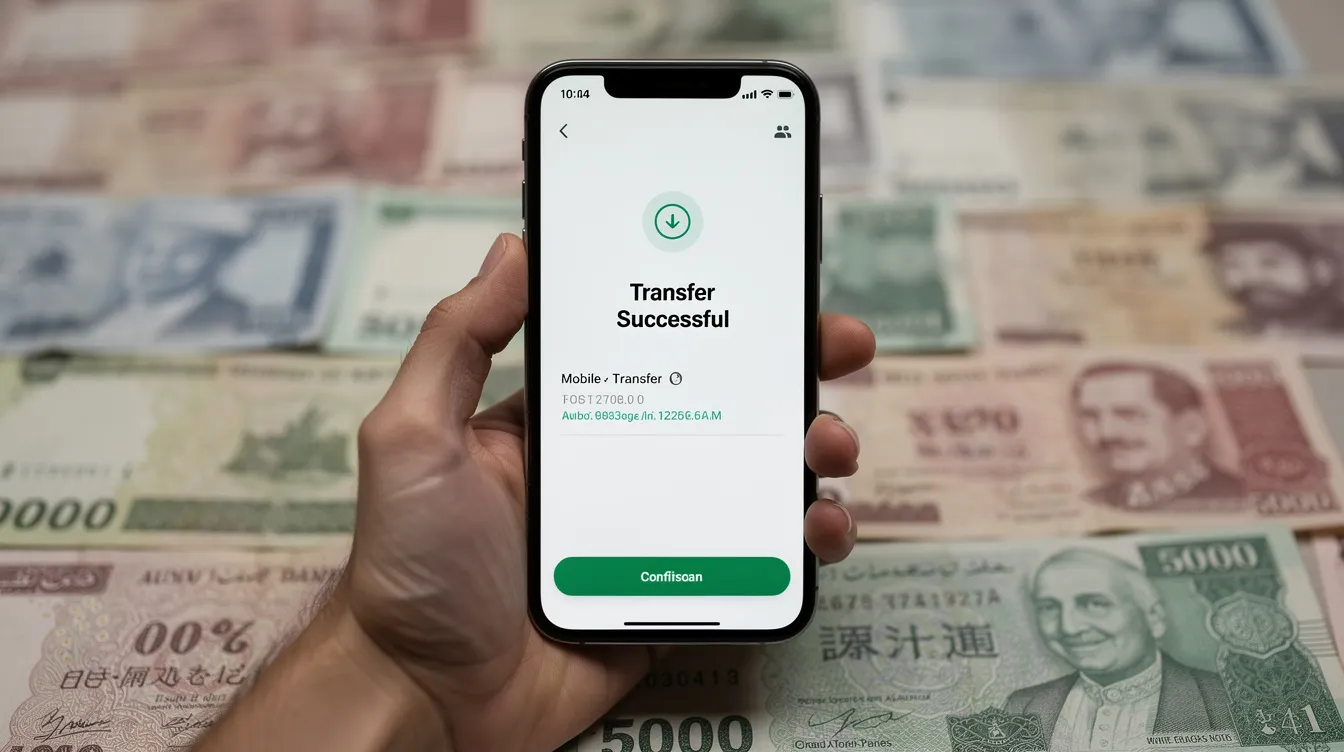 A person is holding a smartphone that displays a confirmation screen for a money transfer, with colorful Pakistani currency notes visible in the background. This image represents the convenience and security of using digital remittance channels for sending money, particularly for overseas Pakistanis.