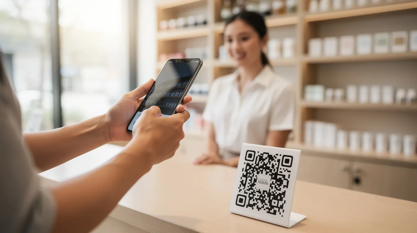A customer is using a smartphone to scan a QR code at a shop counter for a payment transaction. The scene showcases the modern method of cashless money transfers, highlighting the convenience of using a bkash wallet for purchases.