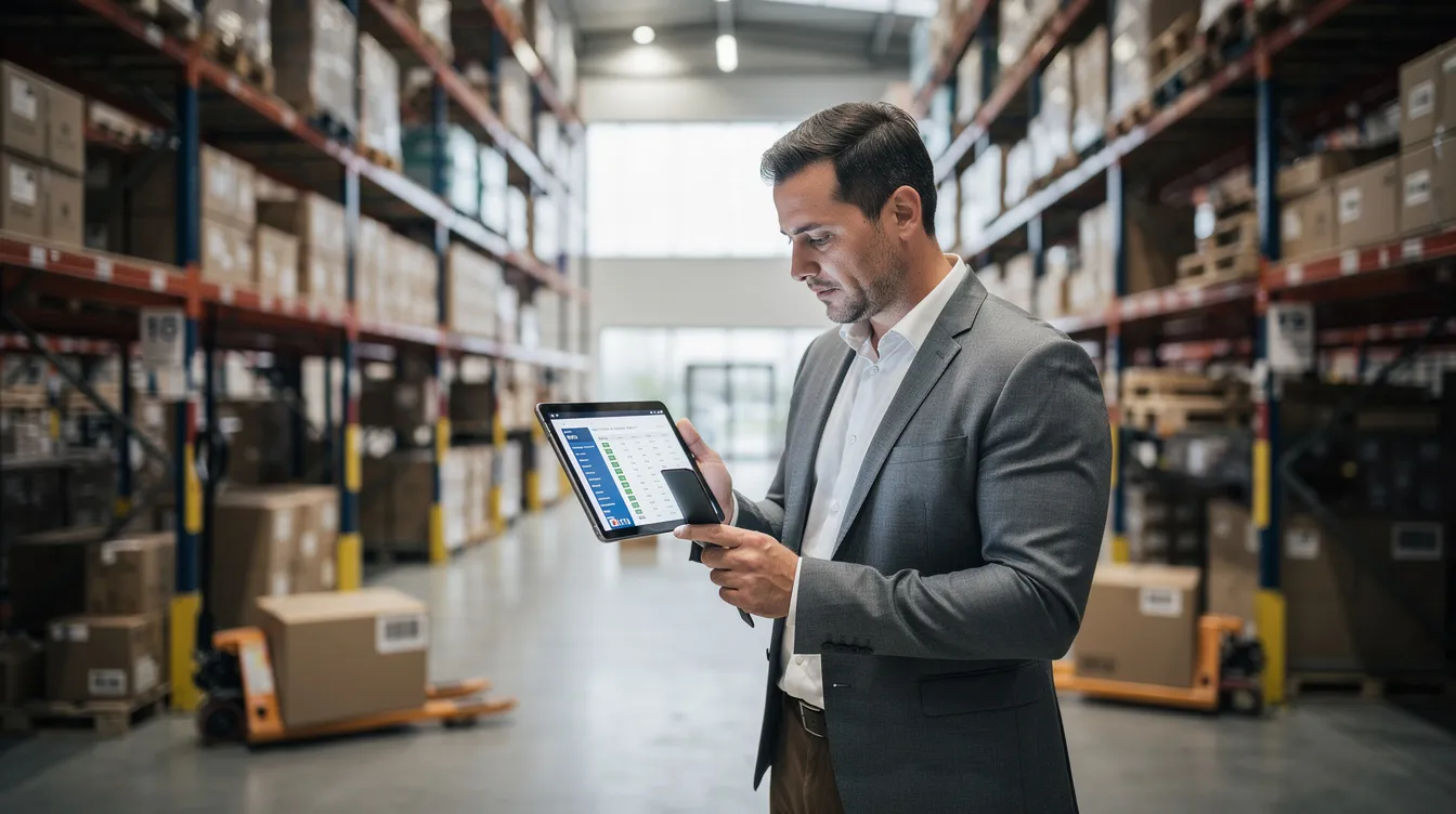 An entrepreneur is seen reviewing inventory records on a tablet in a modern warehouse, surrounded by organized shelves filled with various products, highlighting the importance of efficient inventory management in a successful wholesale business. The setting reflects a focus on market trends and the operational aspects of wholesale distribution.