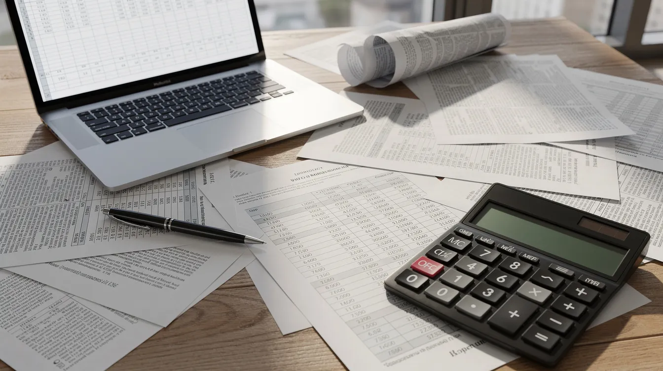 The image depicts a cluttered desk filled with financial documents, a laptop, and a calculator, symbolizing the complexities of business transactions and potential fraud cases. This setting suggests a focus on legal claims related to financial harm and misrepresentation fraud that business owners may face.
