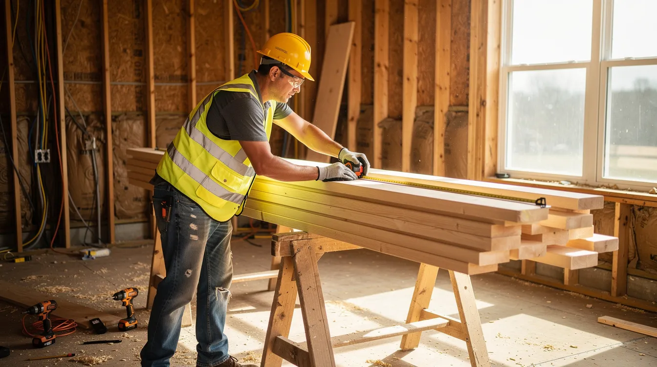 A construction worker is measuring wooden beams at a residential renovation site, preparing for home improvements that may increase the home value. This work could potentially be financed through a home equity line of credit, allowing homeowners to manage their monthly payments effectively.