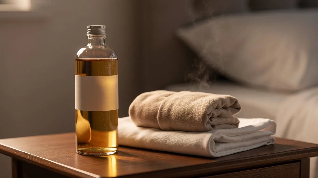 A glass bottle of castor oil sits next to a folded cotton cloth and a warm compress on a bedside table, suggesting a holistic approach to managing fibroid symptoms and menstrual cramps. The arrangement emphasizes the use of castor oil packs, which many women consider for natural relief from discomfort associated with uterine fibroids.