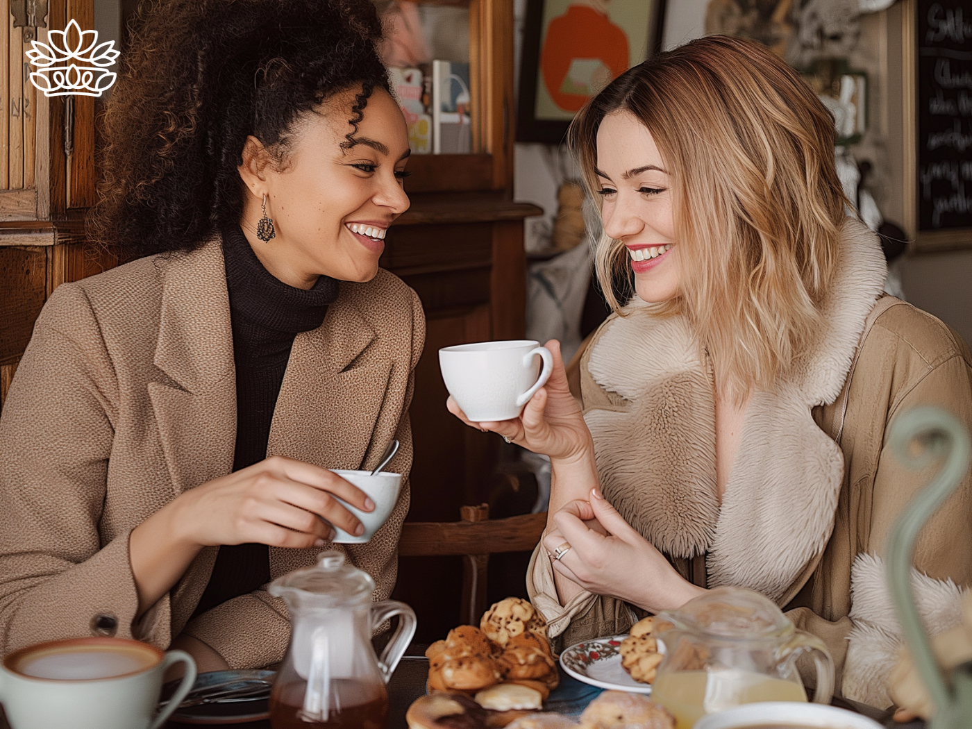 Two friends sharing a joyful moment over coffee, biscuits and pastries in a cosy café, embodying the warm atmosphere of Fabulous Flowers and Gifts.