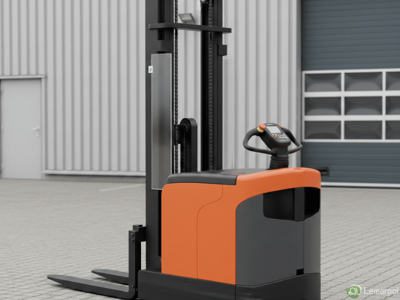 wózek paletowy z masztem przed halą