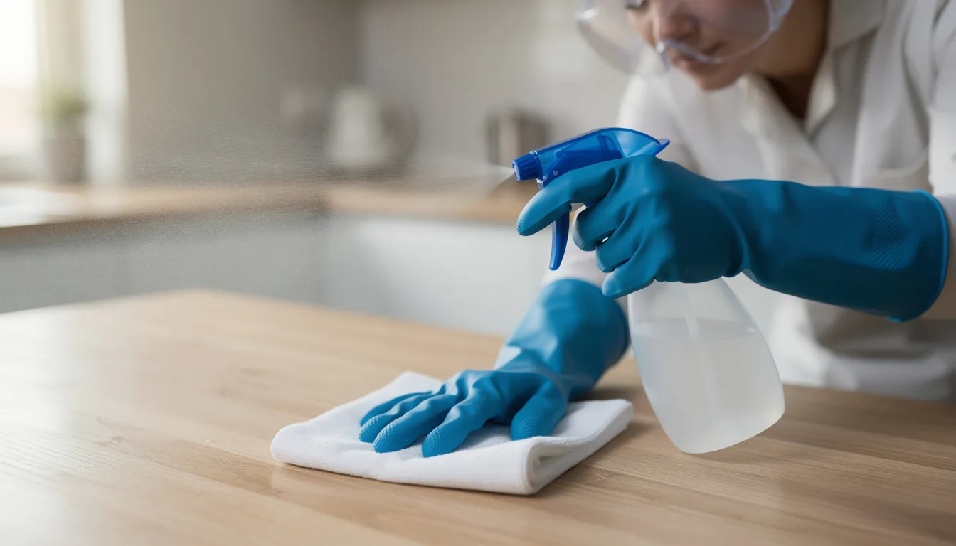 A person wearing safety goggles and rubber gloves is cleaning a wooden surface with a spray bottle and a damp cloth, effectively removing stubborn mold and mildew stains. The careful application of a professional-grade mold remover ensures thorough stain removal while preventing future mold growth.
