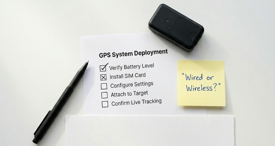 Checklist and GPS tracker on a desk representing the decision process for choosing between a wired and wireless GPS tracker in 2026