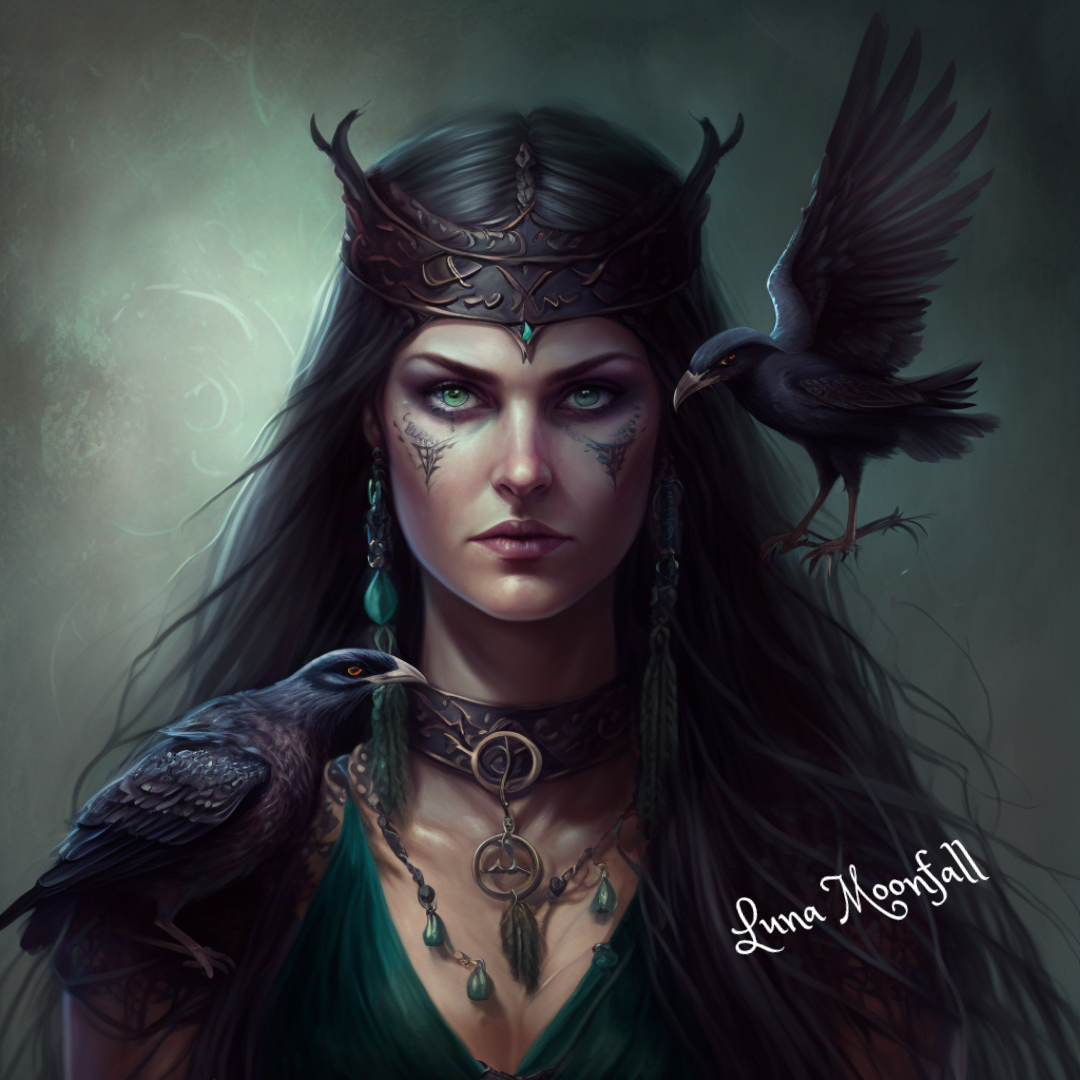 A portrait of Morrigan with two crows surrounding her with a Celtic crown on her head with a green dress and Celtic jewelry on.