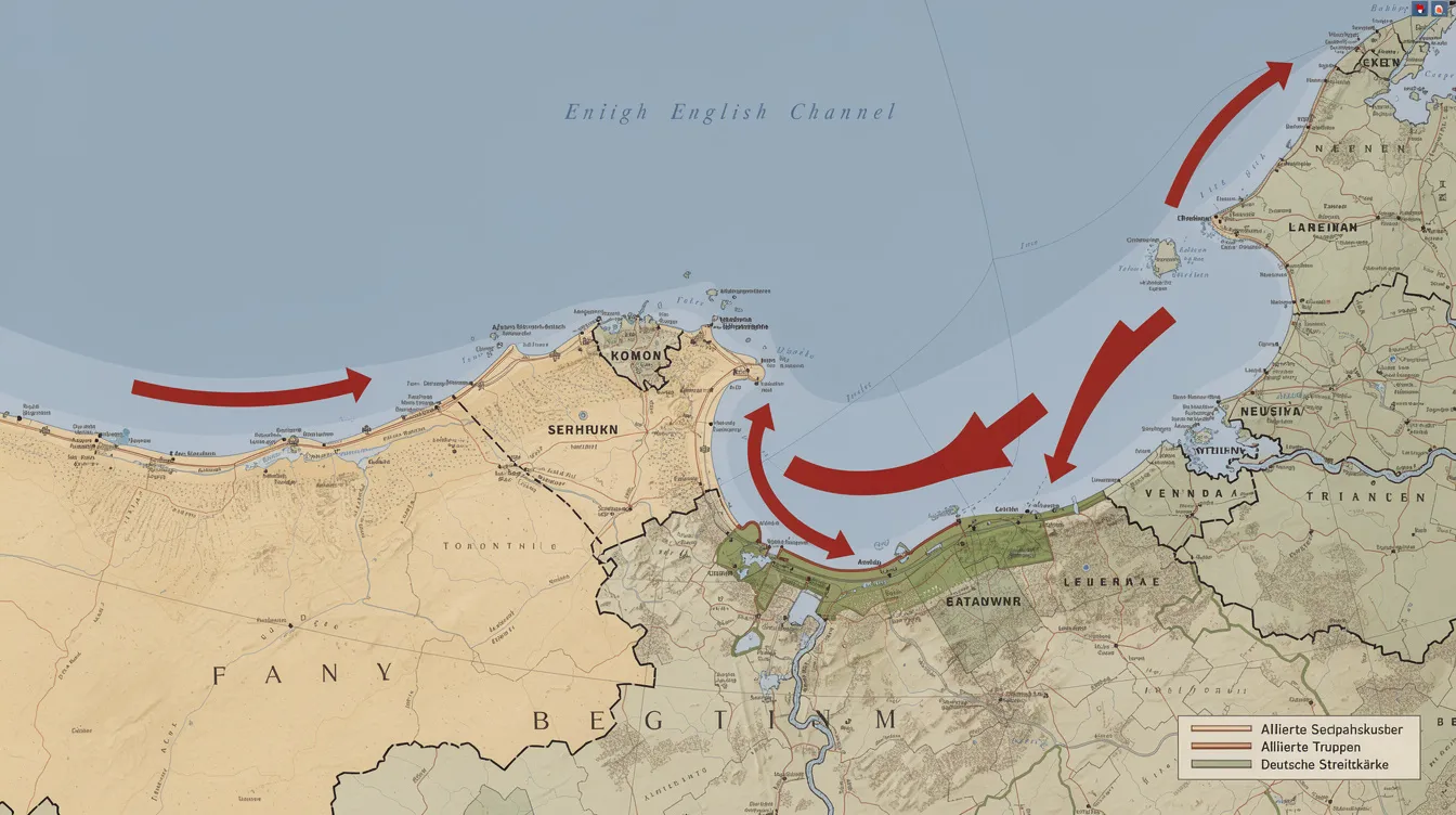 Die Karte zeigt die Küstenlinie Nordfrankreichs und Belgiens, mit Pfeilen, die die Einkesselung alliierter Truppen durch deutsche Streitkräfte während der Schlacht von Dünkirchen verdeutlichen. Sand- und Grüntöne repräsentieren das Land, während Blau das Meer darstellt, was die strategische Lage der Hafenstadt Dünkirchen im Kontext des Zweiten Weltkriegs illustriert.