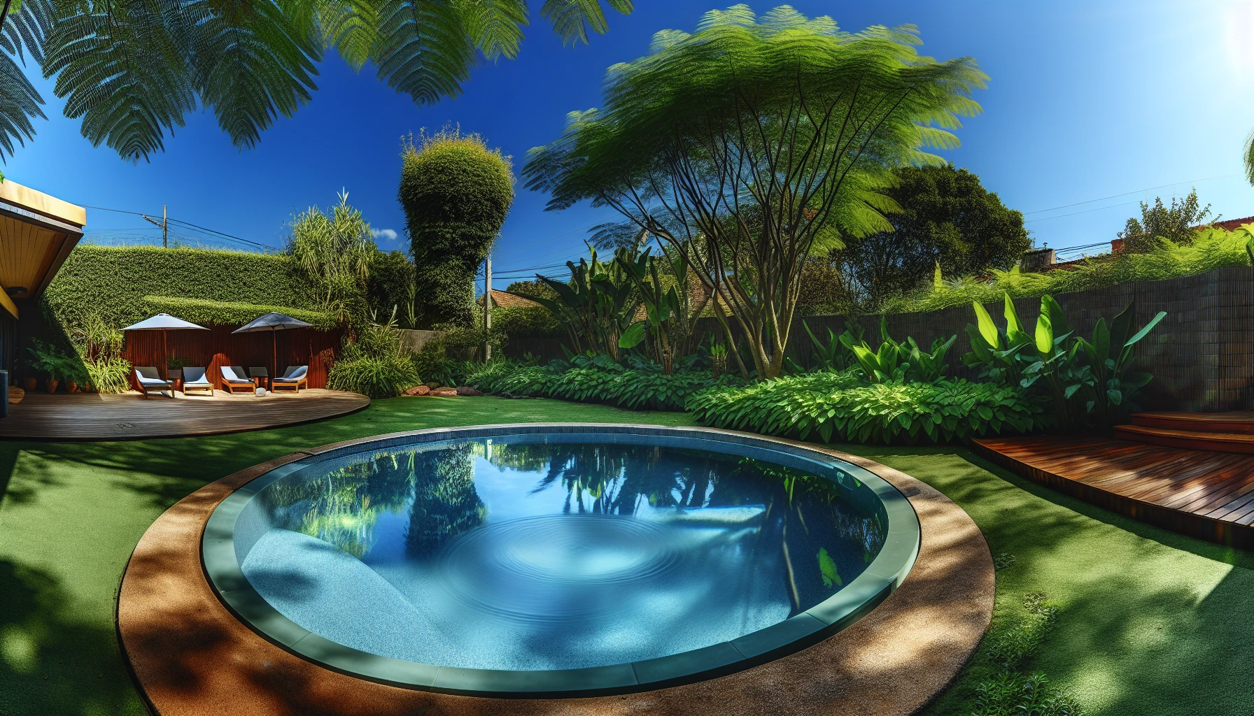 Above ground pool surrounded by lush greenery