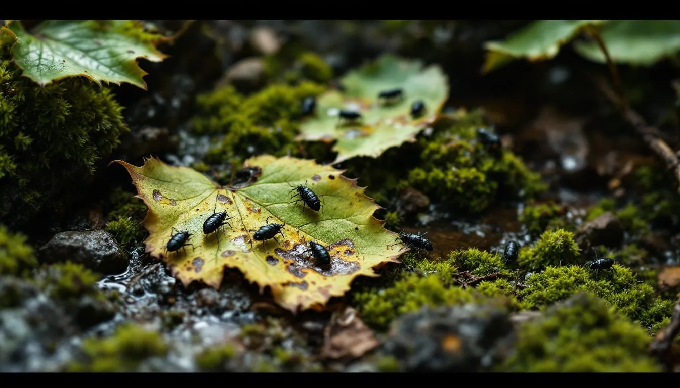 Signs of slater bug infestation, including damaged plants and the presence of bugs.