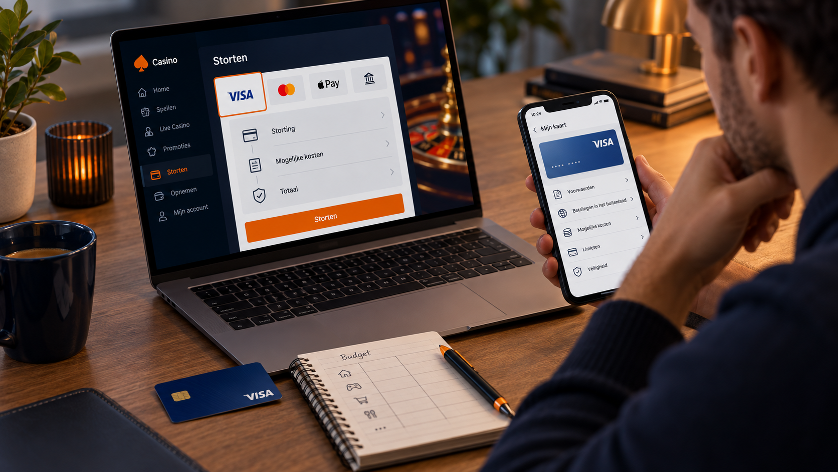 Speler vergelijkt mogelijke kosten van een Visa-storting met de voorwaarden in de bankapp.
