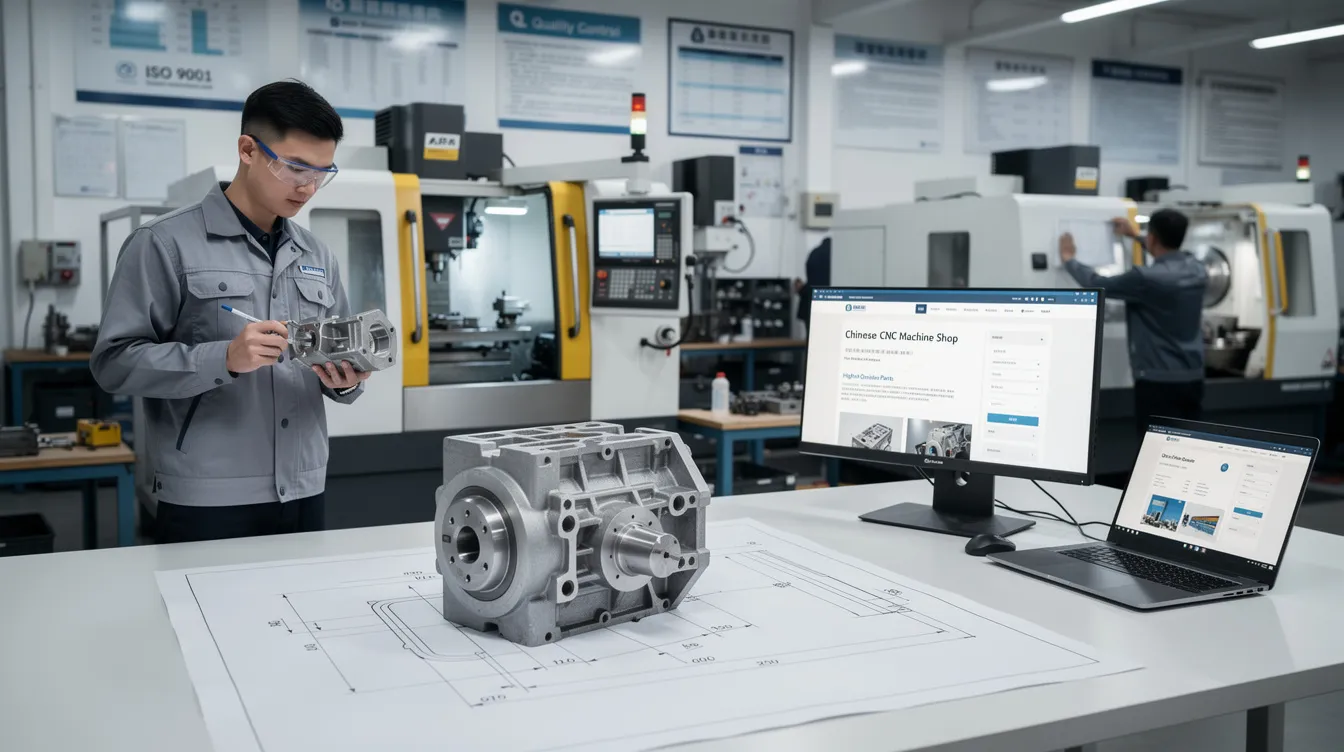 The image depicts a modern CNC machining factory in China, showcasing various CNC machine shops equipped with advanced CNC machining centers and CNC lathes. The environment highlights the production of high-precision CNC parts, including custom metal and plastic components, emphasizing the factory's capability for tight tolerances and rapid prototyping for various industries.