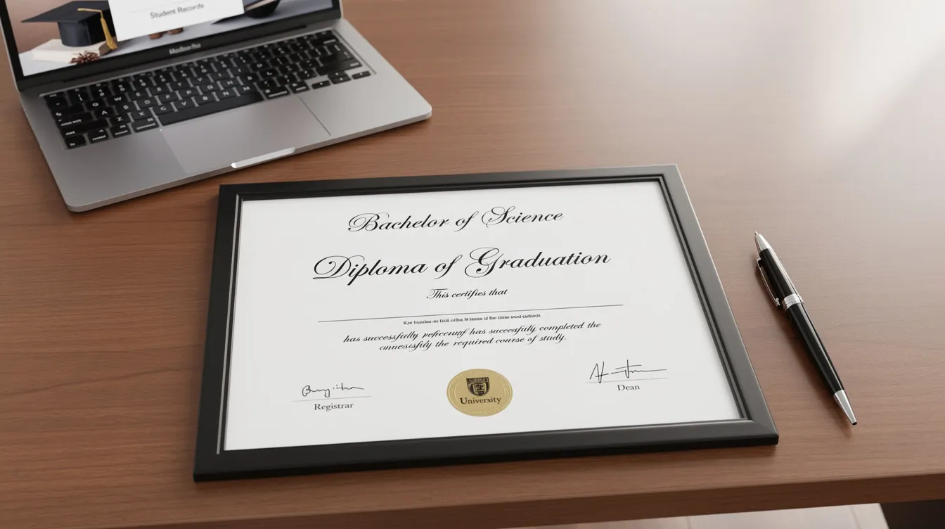 A college diploma is displayed on a desk next to a computer and a pen, representing official academic records and accomplishments from a higher education institution. This image symbolizes the importance of maintaining physical copies of diplomas and transcripts for future employment opportunities.