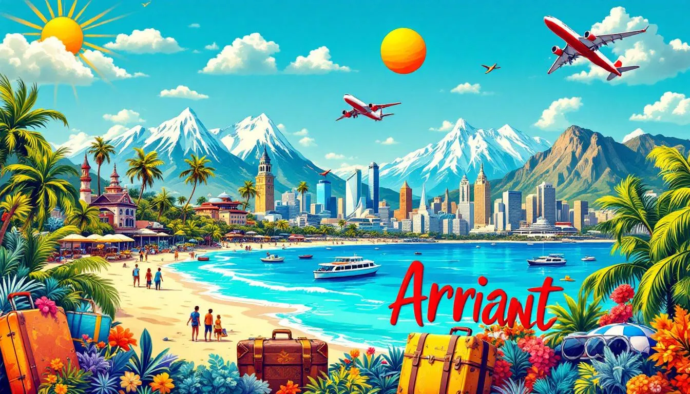 Imagem representativa de viagens na promoção com diversos destinos e ofertas.