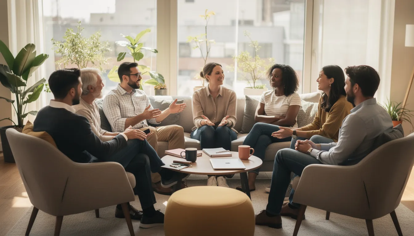 A group of team members is comfortably seated in a circle, engaging in a relaxed discussion that fosters meaningful conversations and team collaboration. This setting promotes a positive company culture and encourages the sharing of ideas, making it an ideal environment for team building icebreakers and fun activities.