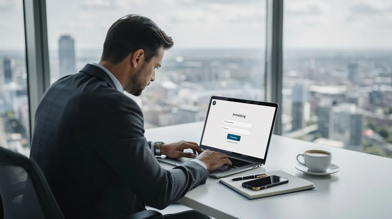 Eine Geschäftsperson sitzt konzentriert an einem Laptop in einem modernen Büro und arbeitet an einem Anmeldebildschirm, während sie möglicherweise eine Anfrage für den Allianz Trade Service vorbereitet. Im Hintergrund ist der Blick auf eine städtische Landschaft zu sehen, die den professionellen Rahmen unterstreicht.