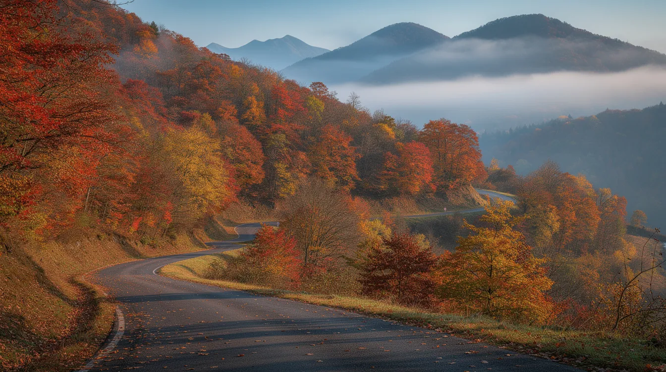 A winding mountain road stretches through vibrant fall foliage, enveloped in morning mist, inviting travelers to explore the scenic route. This picturesque journey offers a chance to discover favorite places and enjoy the beauty of nature along the way.
