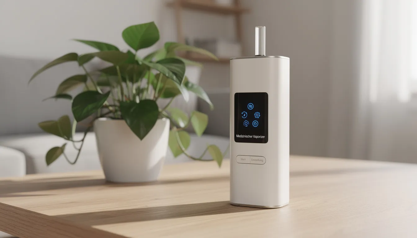 Ein moderner medizinischer Vaporizer steht auf einem Holztisch, umgeben von einer Zimmerpflanze. Der Vaporizer wird häufig für die Verwendung von medizinischen Cannabisblüten und -extrakten genutzt, um Patienten bei verschiedenen Erkrankungen wie Multiple Sklerose und Übelkeit zu helfen.