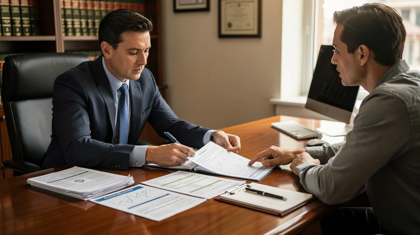 An attorney is sitting at a desk in an office, reviewing medical records and documents with a client who appears to be discussing their workers compensation claim related to a work-related injury. The atmosphere suggests a focus on understanding the client's situation, possibly involving topics like maximum medical improvement and disability benefits in Colorado's workers compensation system.
