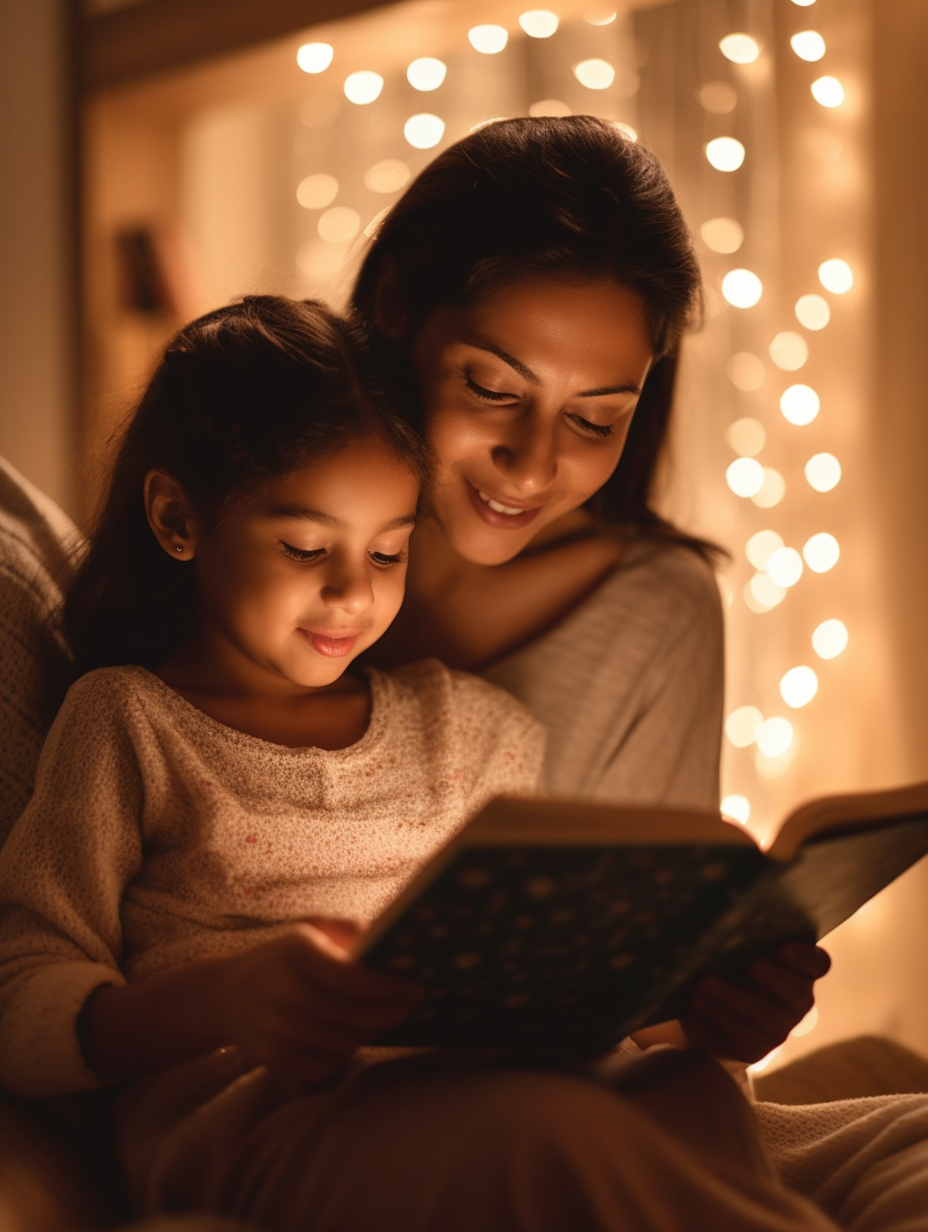 Mother and daughter engrossed in a book before bedtime.