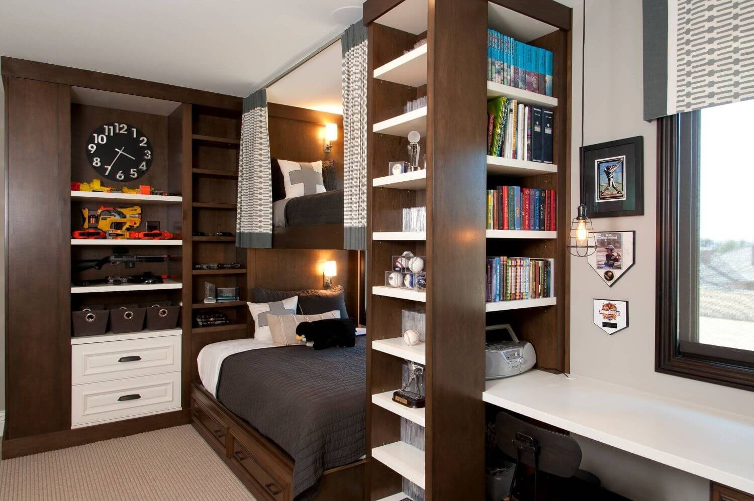 A stylish boys bedroom features efficient storage solutions, including built-in shelving and under-bed drawers, maximising space while maintaining a cosy atmosphere. The room is adorned with playful wall art and a city skyline theme, making it a perfect retreat for kids.