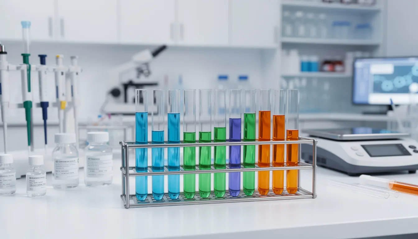 The image depicts a clean laboratory scene featuring an array of test tubes and various scientific equipment arranged neatly on a white table, emphasizing a focus on research related to cell metabolism and health. This environment suggests ongoing testing that may involve nutrients like nicotinamide mononucleotide (NMN) and phosphatidylcholine, potentially exploring their effects on physical performance and methylation processes in the body.