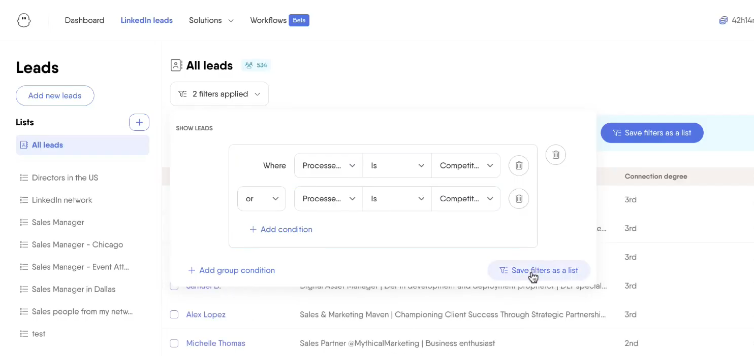 Filtering conditions in the &quot;All leads&quot; overview