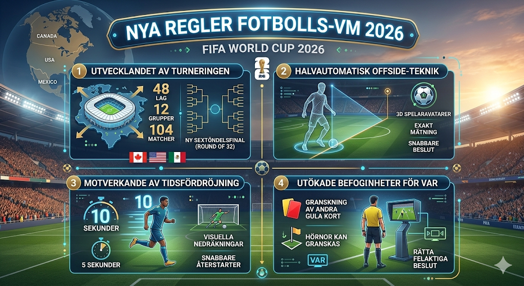 Infografik som visar nya regler i Fotbolls VM 2026, där världsmästerskapet i fotboll 2026 utökas till 48 lag, 12 grupper med fyra lag i varje och totalt 104 matcher när turneringen spelas i USA, Kanada och Mexiko.