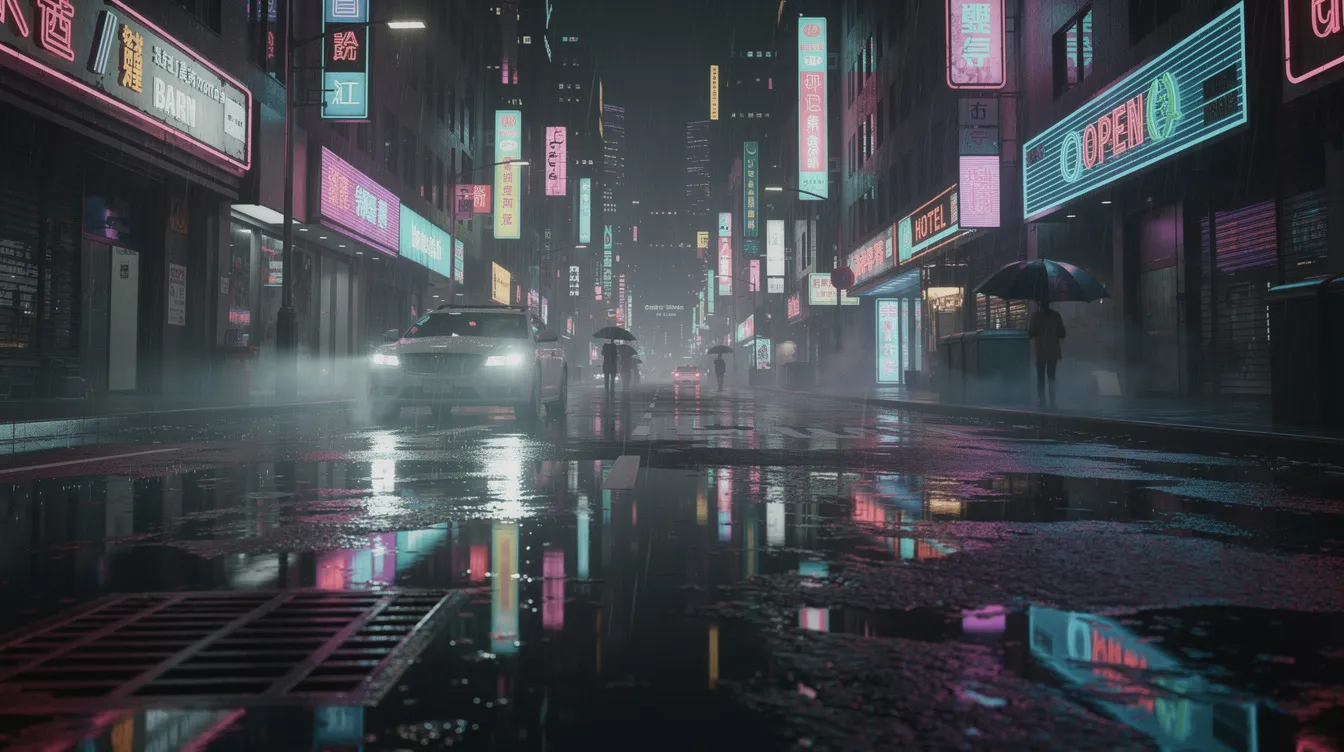 Eine nächtliche Stadtstraße mit leuchtenden Neonlichtern, die auf dem nassen Gehweg reflektiert werden, schafft eine lebendige Atmosphäre. Die bunten Lichter und die Dunkelheit bieten perfekte Bedingungen für Nachtaufnahmen mit der iPhone Kamera, ideal für Fotografen, die die Magie der Stadt bei Nacht festhalten möchten.