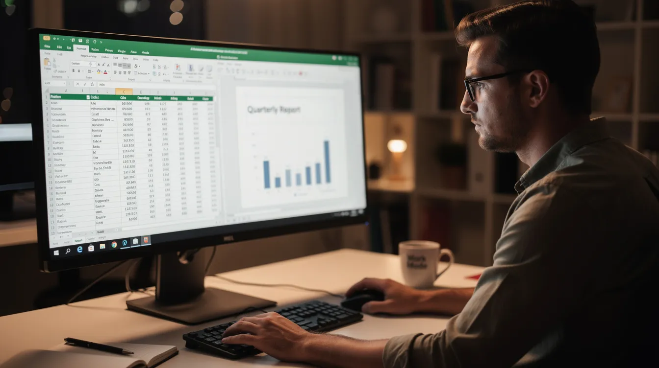 The image shows a person focused on their computer screen, working with Excel and PowerPoint to create a dashboard presentation. Various charts, including bar and pie charts, are visible on the screen, showcasing key metrics and data visualization for informed decision-making.