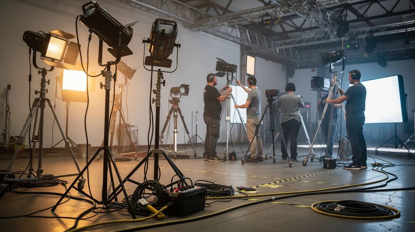 Das Bild zeigt ein Beleuchtungsteam, das große Scheinwerfer an einem Filmset aufbaut. Mehrere Stative und Kabelwege sind sichtbar, während warmes und kaltes Licht gemischt wird, was die kreative Atmosphäre der Filmproduktion unterstreicht.