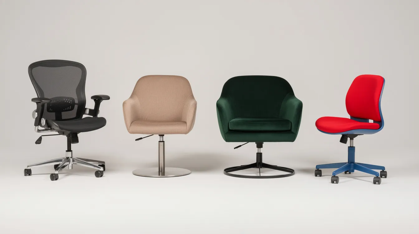 Bilden visar en uppställning av olika typer av snurrstolar, inklusive en kontorsstol, matstol, fåtölj och barnstol, i varierande färger som svart, grå och beige. Stolarna har olika design och material, med armstöd och tyg- eller plastsitsar, vilket ger många valmöjligheter för komfort och stil.