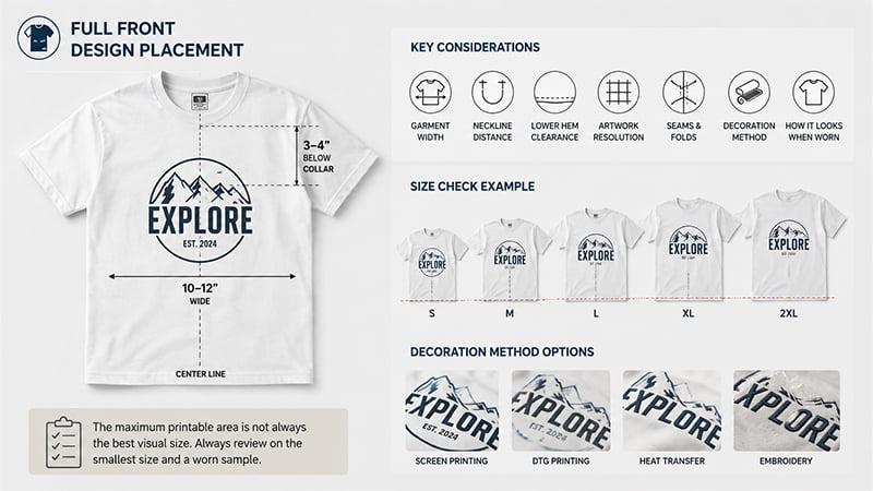 Full front T-shirt design placement, size checks and decoration method options