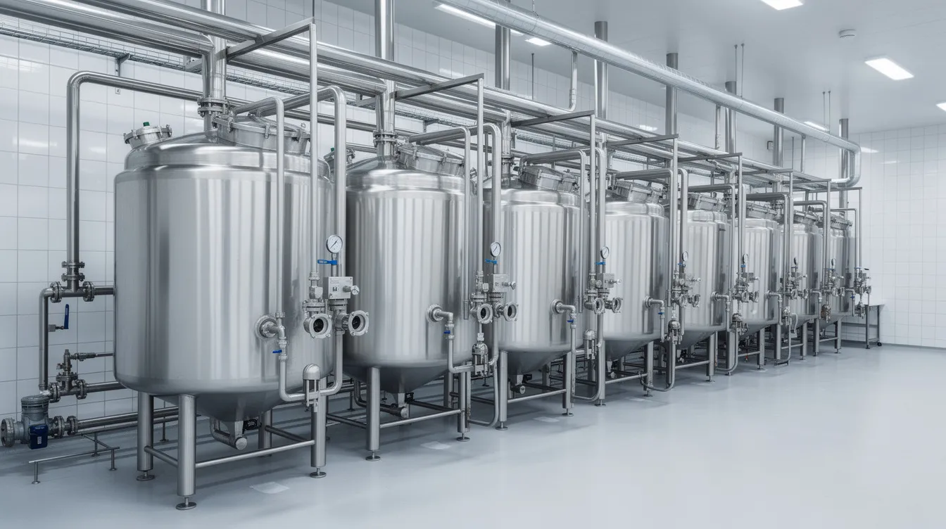 8d261666 59c3 47a3 b7cb 47c8d05b54e4 The image depicts a dairy processing plant featuring stainless steel equipment, including large tanks and intricate pipe fittings, essential for the milk processing and production process. This setup is crucial for dairy development, ensuring quality control and efficiency in the manufacturing of value-added dairy products.