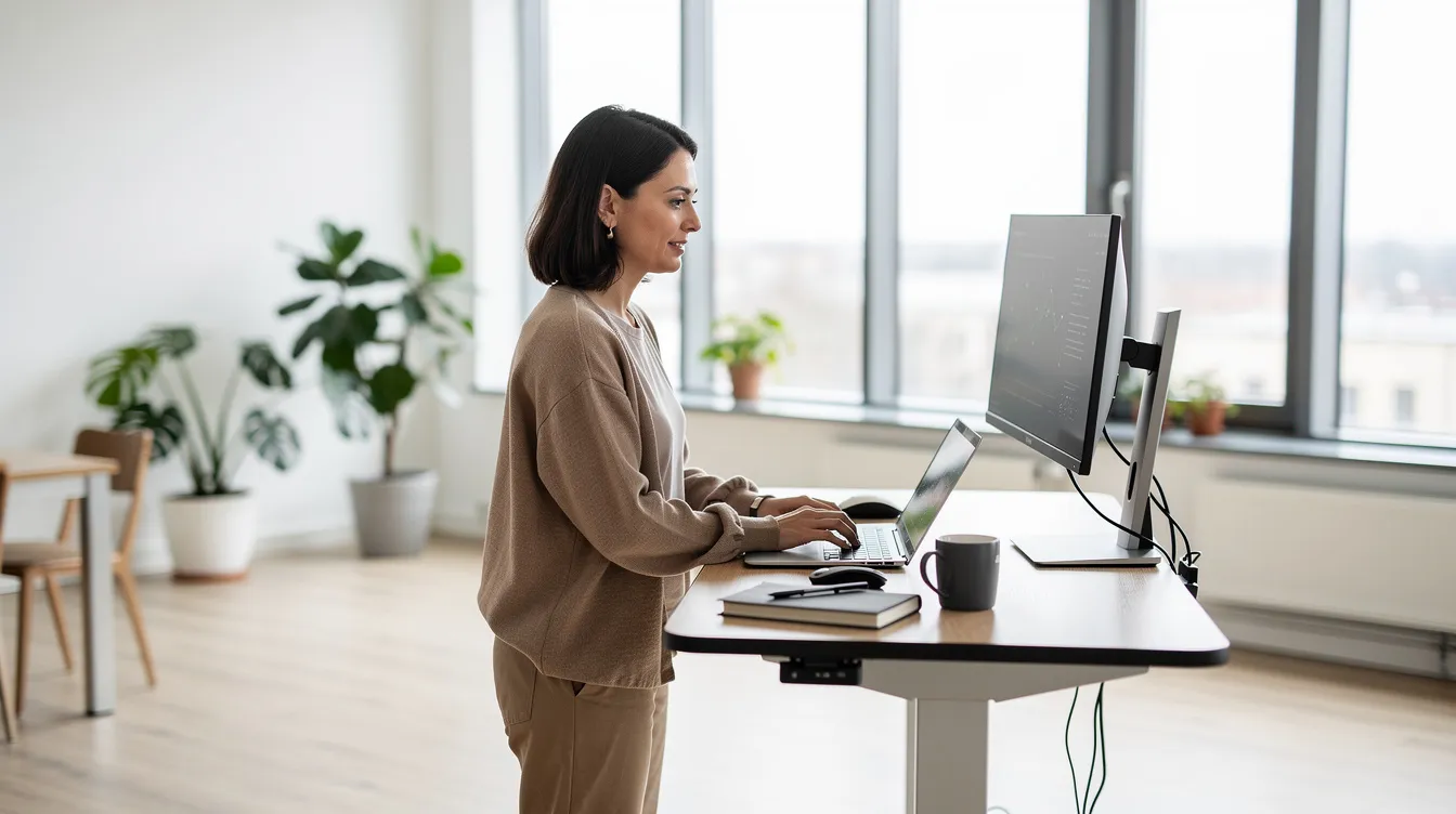 A person is standing at a modern desk in a bright office space, using a laptop and an external monitor, promoting ergonomic solutions for better posture and productivity. This workspace emphasizes comfort and wellness, ideal for a productive workday.