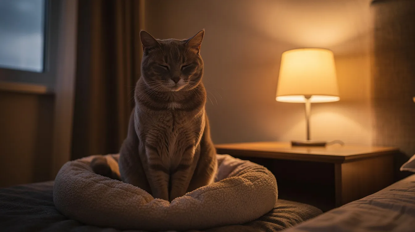 A serene indoor cat is comfortably resting on a soft bed, illuminated by the warm glow of a lamp in a dimly lit room, creating a calming environment ideal for reducing cat anxiety. This peaceful scene highlights the importance of relaxation for anxious cats, especially in multi-cat households where stress can be heightened.