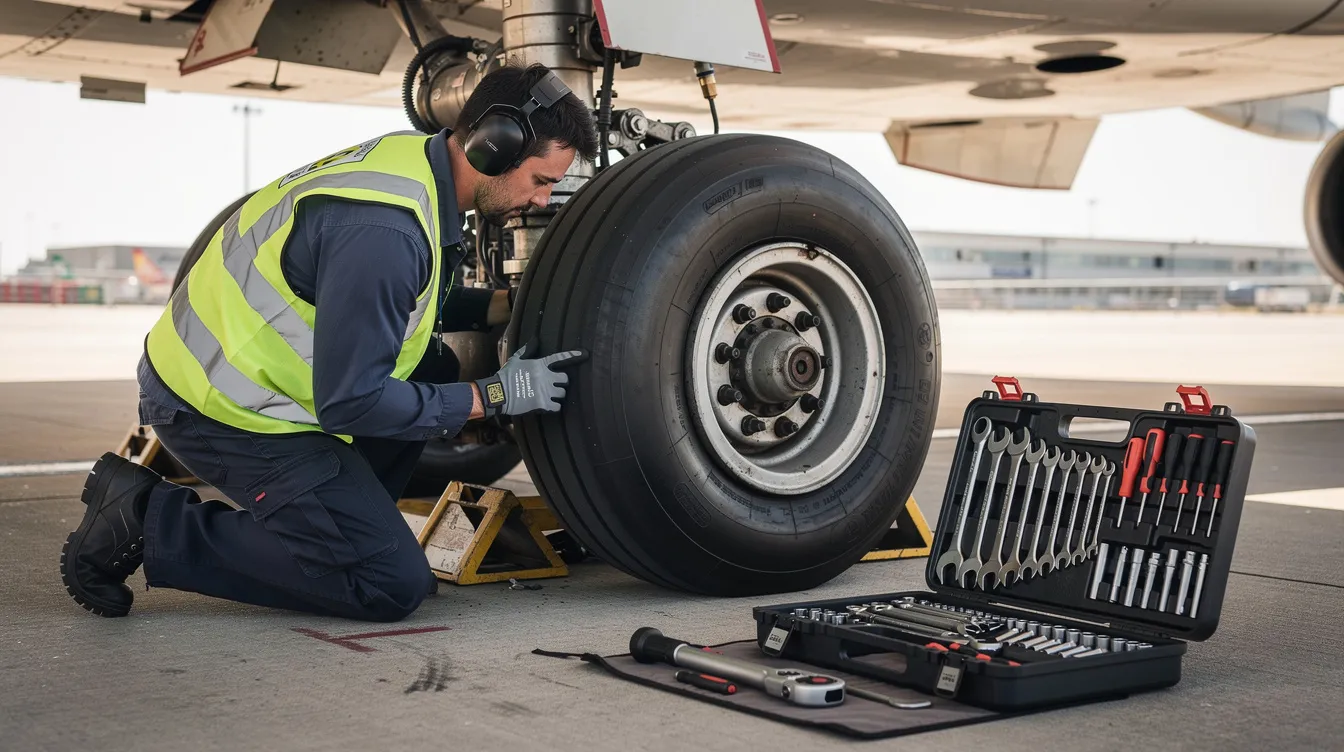 An apprentice technician is organizing hand tools next to an aircraft wheel, demonstrating essential skills for aircraft maintenance. This scene reflects the hands-on training involved in an FAA-approved apprenticeship program, preparing individuals for a successful career in aviation maintenance.
