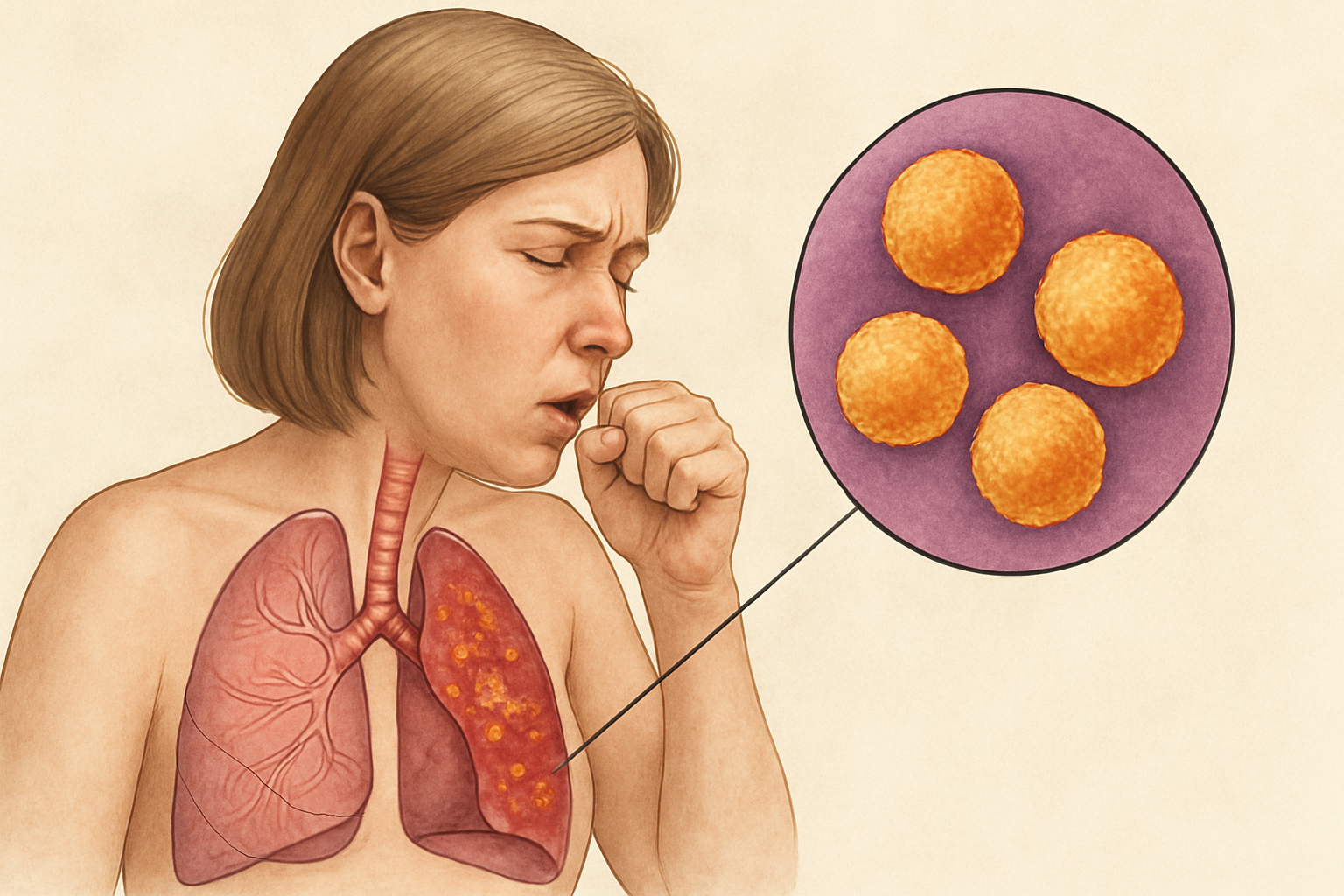 Kvinne som hoster med illustrerte lunger og bakterier som viser mykoplasma-infeksjon.