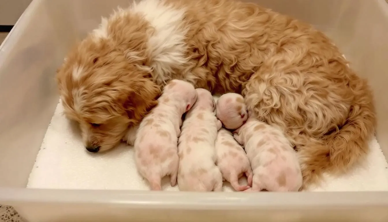 In a clean whelping box, newborn Goldendoodle puppies are nursing from their mother, a female golden retriever, surrounded by a warm environment to ensure their health and comfort. This scene showcases the nurturing bond of the mother and her puppies, highlighting the typical characteristics of a Goldendoodle litter size, which can vary based on factors like the genetic makeup and health of the parent breeds.