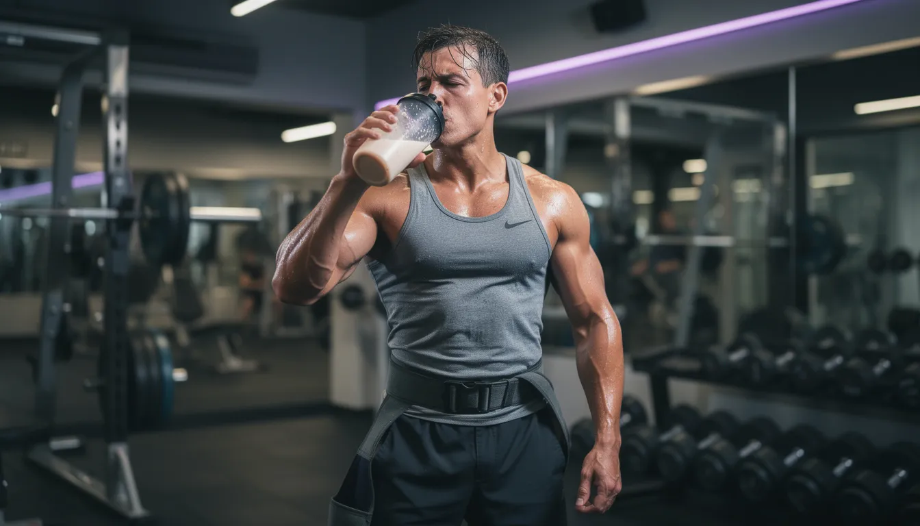 A person is enjoying a protein shake in a gym after completing a weightlifting session, emphasizing the importance of post-workout nutrition for muscle recovery and growth. This moment highlights the benefits of dietary supplements like creatine for enhancing muscle mass and exercise performance during intense training.